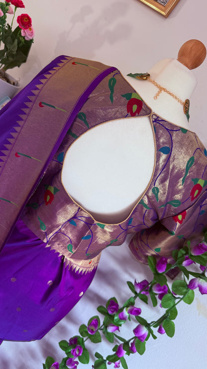 Meena weaving paithani silk with dollar buttis, woven floral pallu saree with stitched blouse – Purple