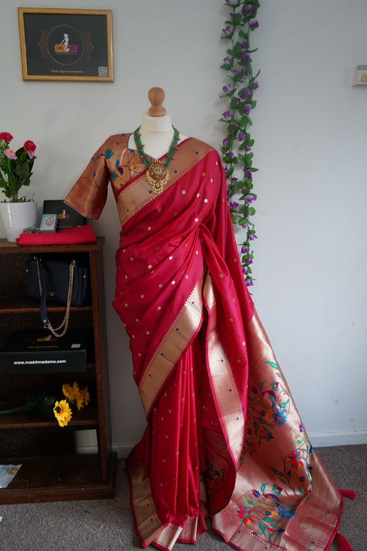 Meena weaving paithani silk with dollar buttis, woven floral pallu saree with stitched blouse – Rani Pink