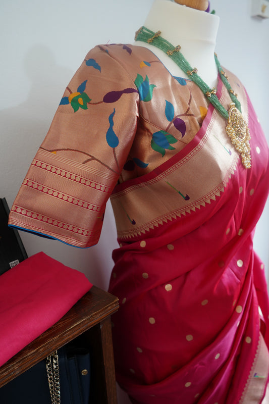 Meena weaving paithani silk with dollar buttis, woven floral pallu saree with stitched blouse – Rani Pink