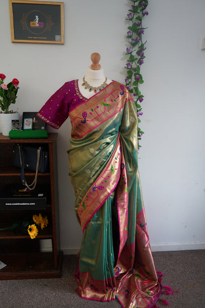 Tissue paithani silk saree with golden weave with stitched rich contrast blouse -  Green &  Magenta