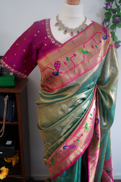 Tissue paithani silk saree with golden weave with stitched rich contrast blouse -  Green &  Magenta