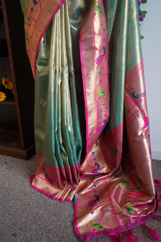 Tissue paithani silk saree with golden weave with stitched rich contrast blouse -  Green &  Magenta