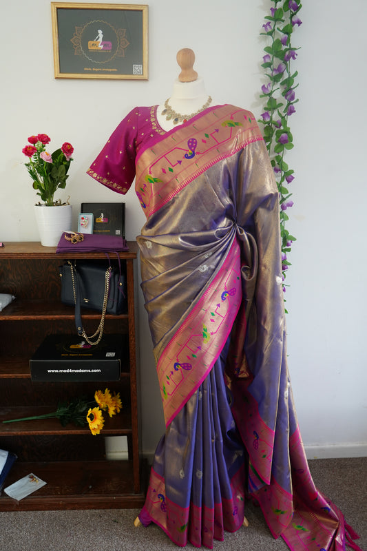 Tissue paithani silk saree with stitched rich contrast blouse -  Lavender & Pink