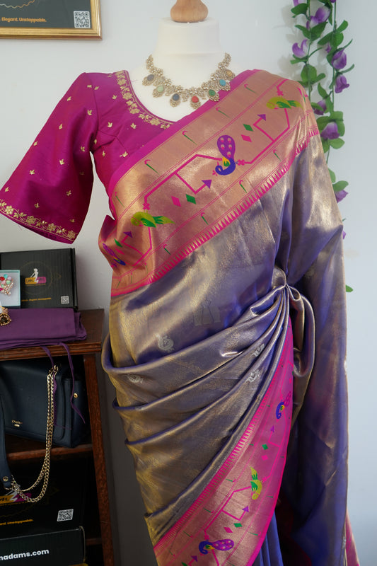 Tissue paithani silk saree with stitched rich contrast blouse -  Lavender & Pink