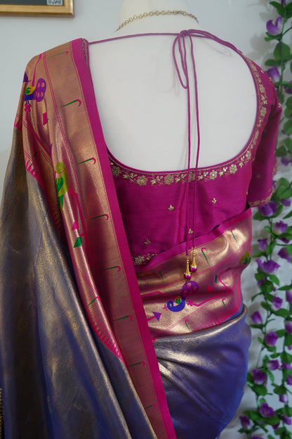 Tissue paithani silk saree with stitched rich contrast blouse -  Lavender & Pink