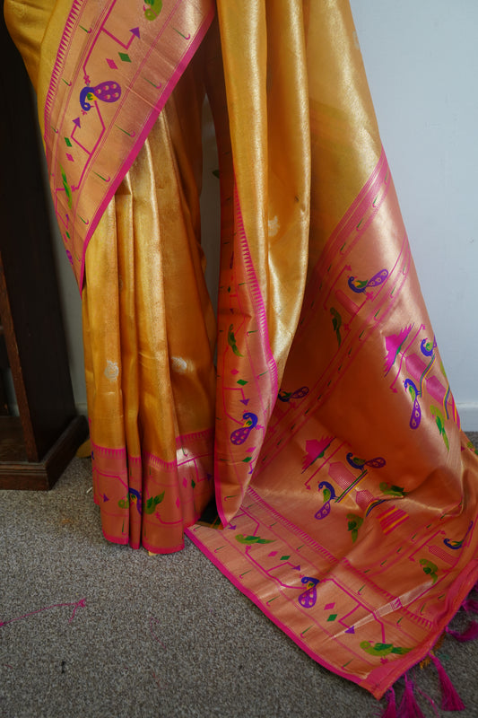 Tissue paithani silk saree with golden weave with stitched rich contrast blouse -  Yellow & Pink