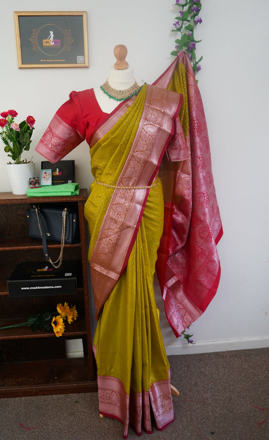 Semi kanchi dharmavaram silk golden butis saree with stitched blouse - Musturd Yellow, red border and rich zari motifs