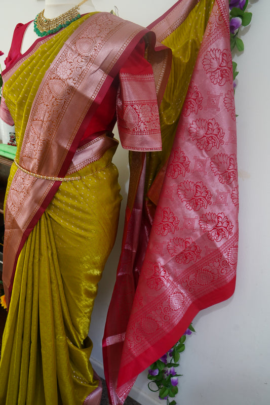 Semi kanchi dharmavaram silk golden butis saree with stitched blouse - Musturd Yellow, red border and rich zari motifs