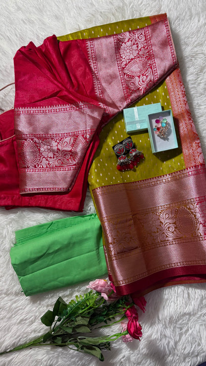 Semi kanchi dharmavaram silk golden butis saree with stitched blouse - Musturd Yellow, red border and rich zari motifs