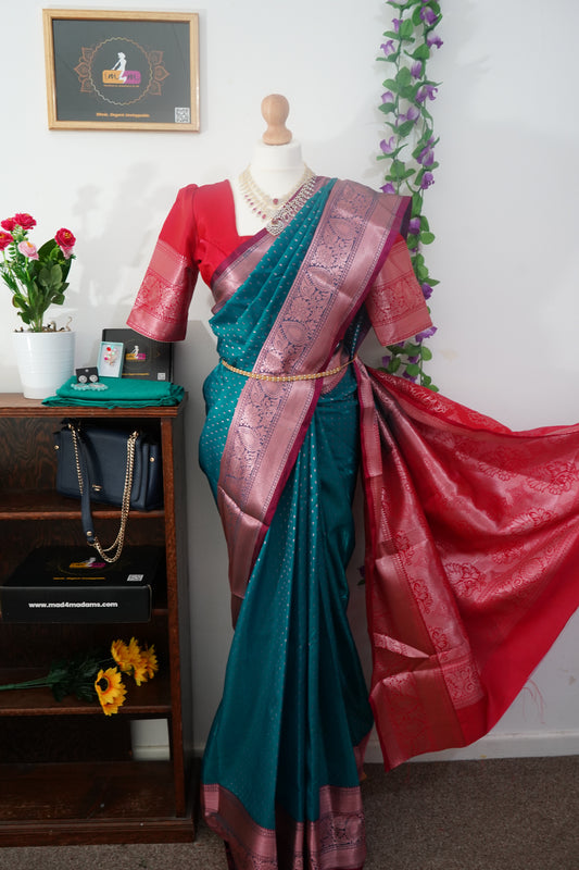 Semi Kanchi Dharmavaram silk golden butis saree with stitched blouse - Blue & rose pink border and pallu in copper zari