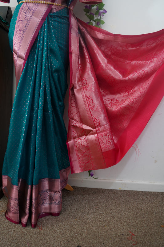 Semi Kanchi Dharmavaram silk golden butis saree with stitched blouse - Blue & rose pink border and pallu in copper zari