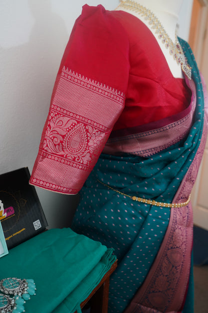 Semi Kanchi Dharmavaram silk golden butis saree with stitched blouse - Blue & rose pink border and pallu in copper zari