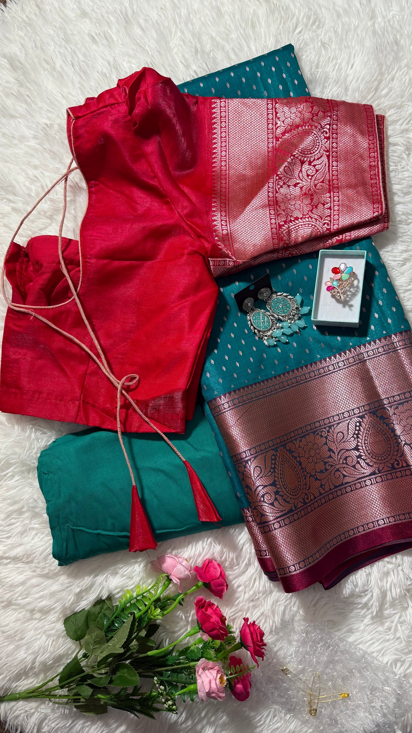 Semi Kanchi Dharmavaram silk golden butis saree with stitched blouse - Blue & rose pink border and pallu in copper zari