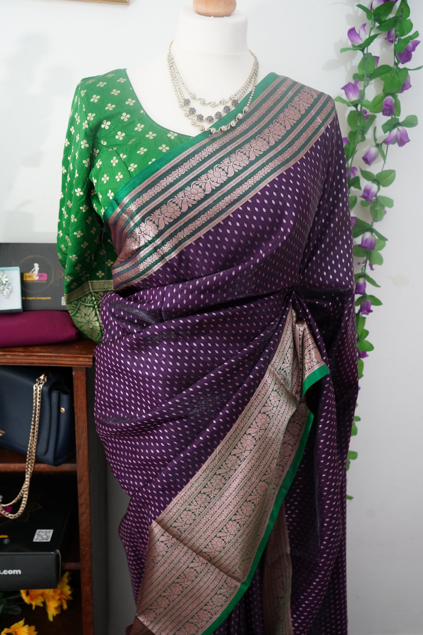 Semi Kanchi Dharmavaram silk saree with Stitched Blouse - Dark Purple & Green border