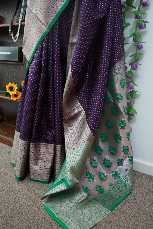 Semi Kanchi Dharmavaram silk saree with Stitched Blouse - Dark Purple & Green border