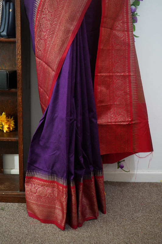 Semi Kanchi dharmavaram silk saree with stitched blouse - Dark purple & red border