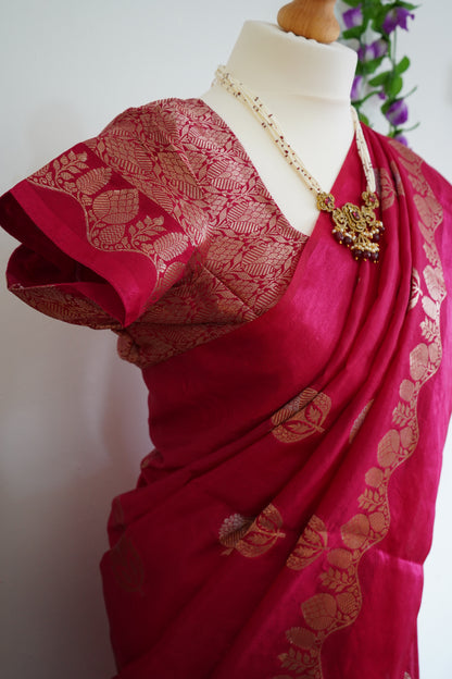 Mango Georgette gold zari motifs saree with stitched blouse - Rani Pink