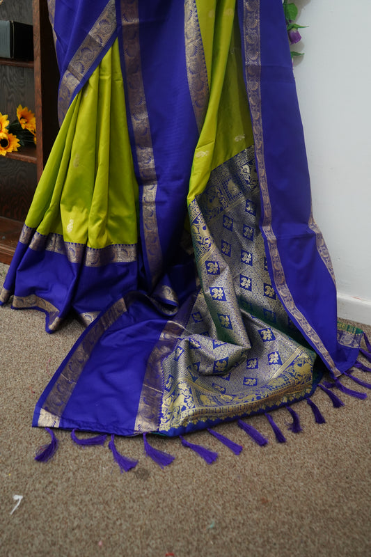 Semi kanchi gadwal gold zari buttas saree with stitched blouse - Green & royal blue border