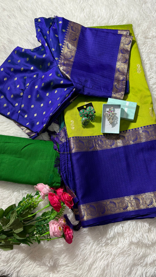 Semi kanchi gadwal gold zari buttas saree with stitched blouse - Green & royal blue border