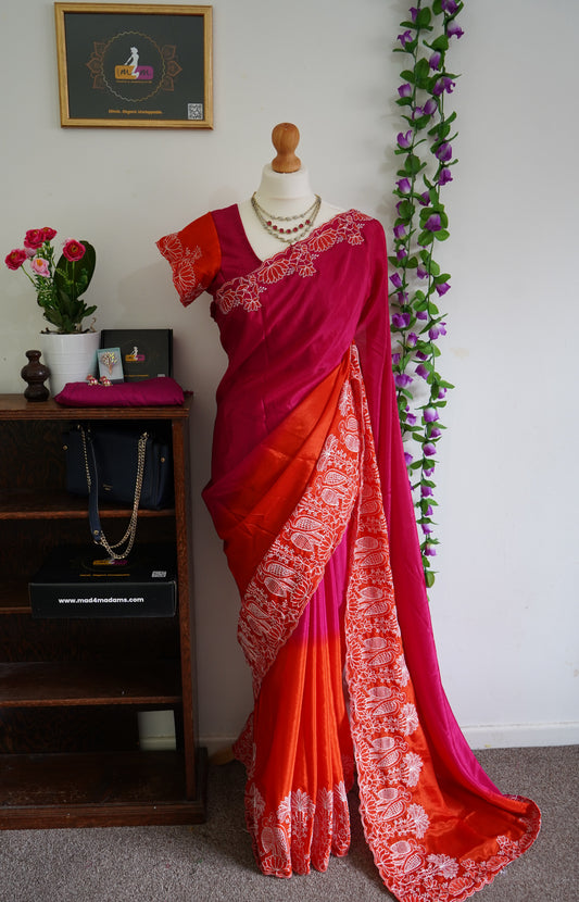 Beautiful viscose silk dual shade saree with stitched blouse - Pink & Orange with golden zari