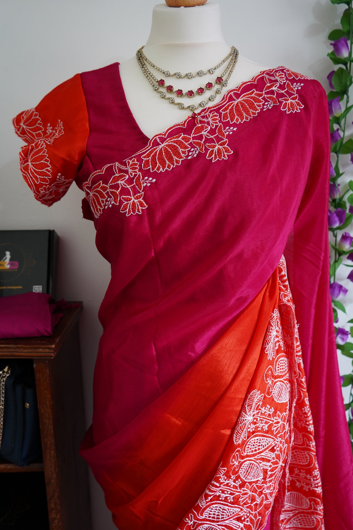 Beautiful viscose silk dual shade saree with stitched blouse - Pink & Orange with golden zari