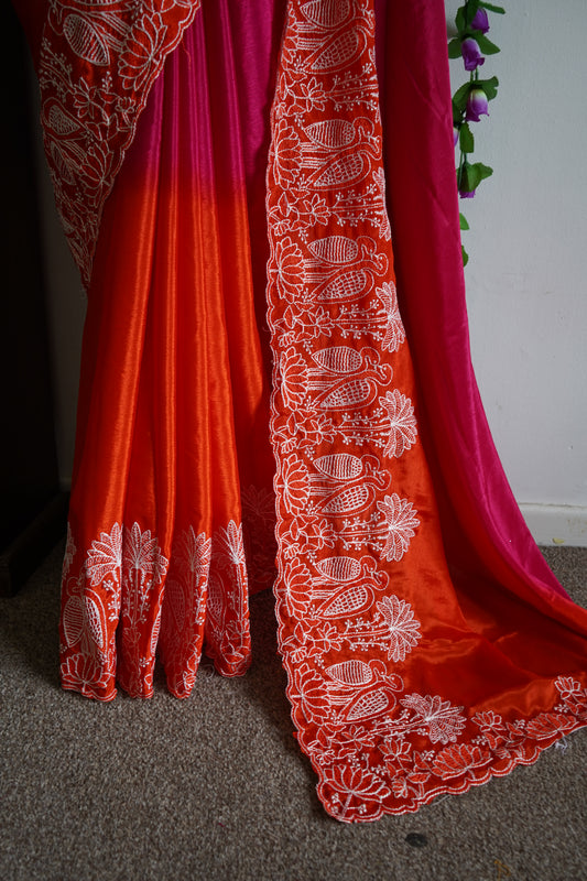 Beautiful viscose silk dual shade saree with stitched blouse - Pink & Orange with golden zari