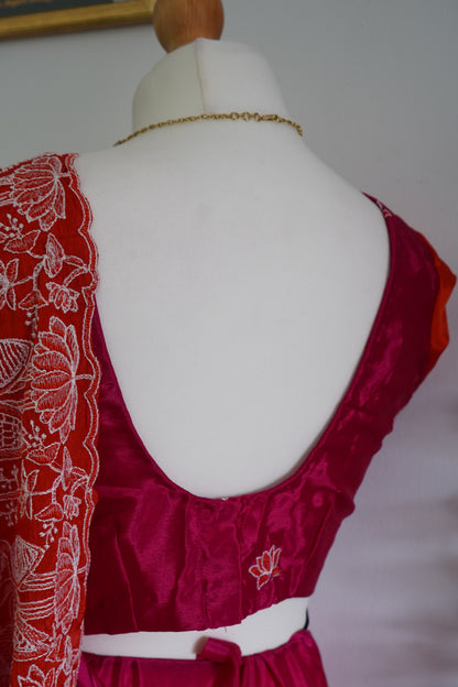 Beautiful viscose silk dual shade saree with stitched blouse - Pink & Orange with golden zari