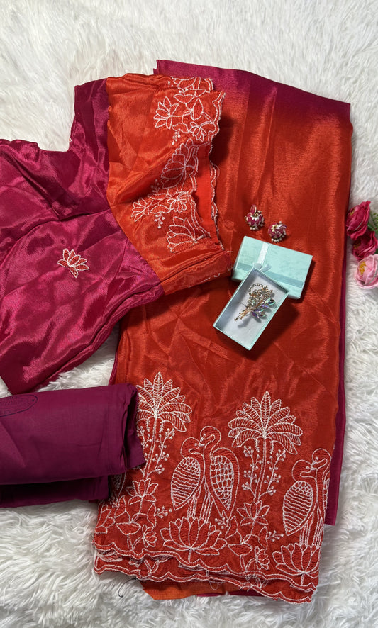Beautiful viscose silk dual shade saree with stitched blouse - Pink & Orange with golden zari