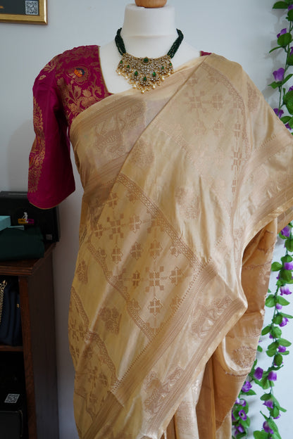 Banarasi silk saree mango motifs with stitched blouse - Beige & Maroon