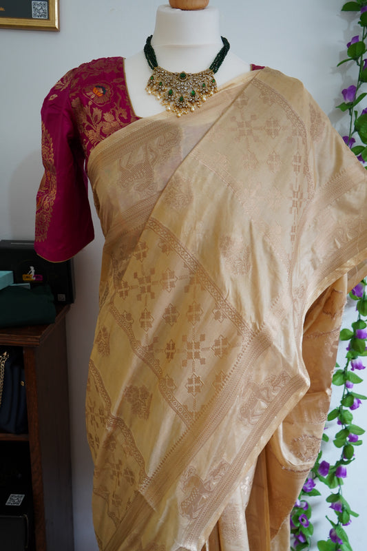 Banarasi silk saree mango motifs with stitched blouse - Beige & Maroon