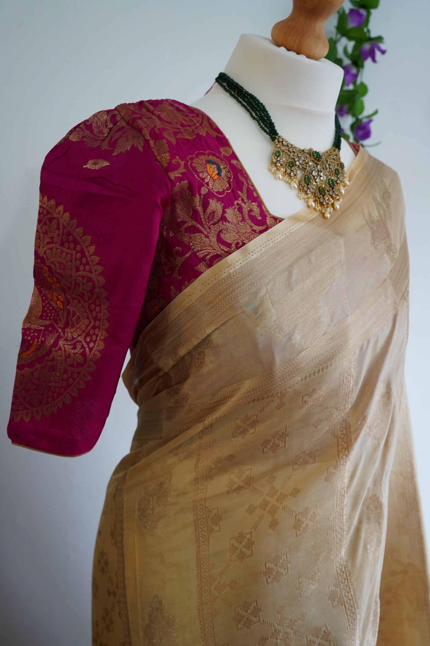 Banarasi silk saree mango motifs with stitched blouse - Beige & Maroon