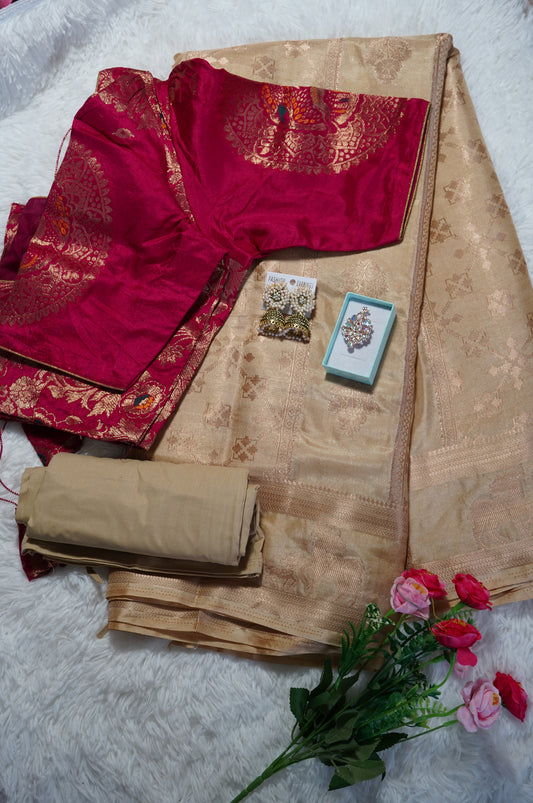 Banarasi silk saree mango motifs with stitched blouse - Beige & Maroon