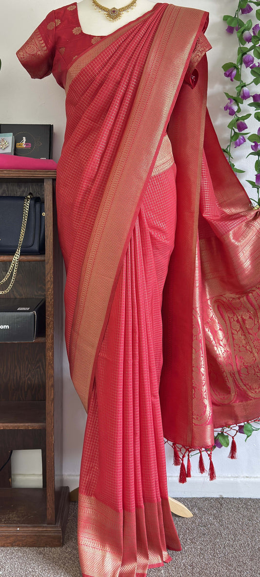 Silk Blend Saree Moti Check Zari Border with stitched blouse - Red