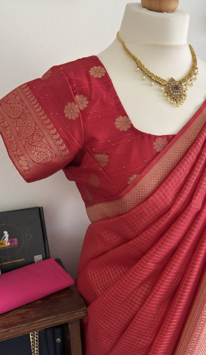Silk Blend Saree Moti Check Zari Border with stitched blouse - Red