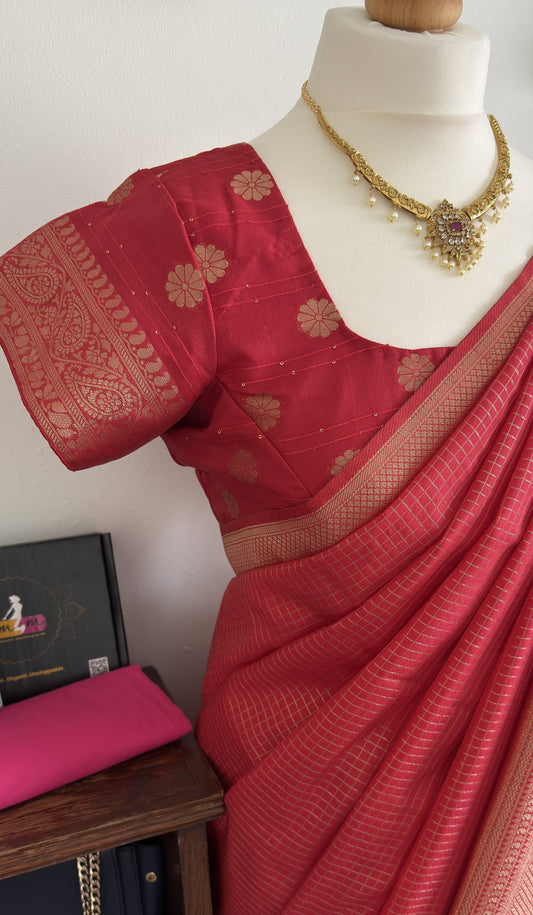 Silk Blend Saree Moti Check Zari Border with stitched blouse - Red