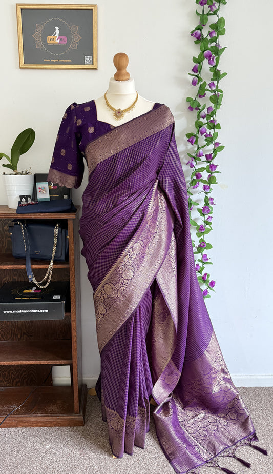 Silk Blend Moti Check Zari Border with stitched blouse - Dark Purple