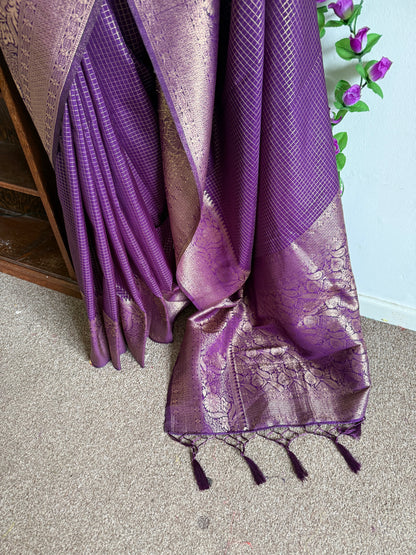 Silk Blend Moti Check Zari Border with stitched blouse - Dark Purple