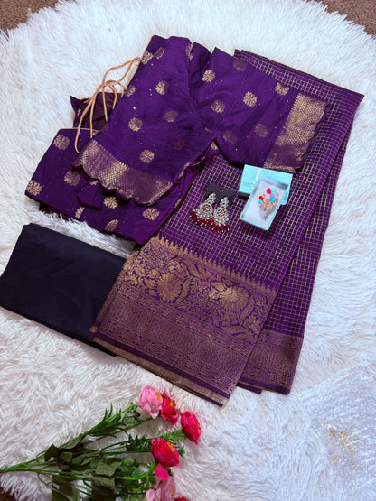 Silk Blend Moti Check Zari Border with stitched blouse - Dark Purple