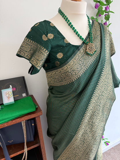 Silk Blend Saree Moti Check Zari Border with Stitched blouse-Dark Green