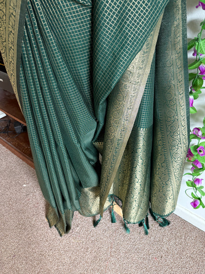Silk Blend Saree Moti Check Zari Border with Stitched blouse-Dark Green