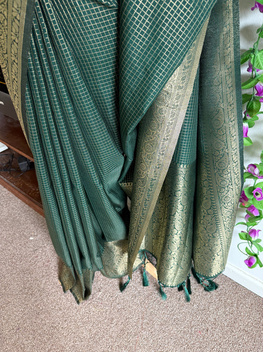 Silk Blend Saree Moti Check Zari Border with Stitched blouse-Dark Green