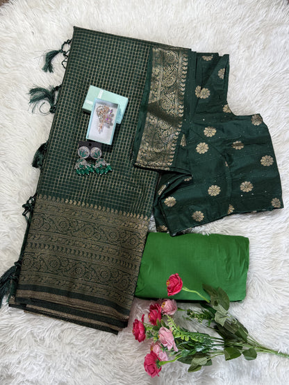 Silk Blend Saree Moti Check Zari Border with Stitched blouse-Dark Green