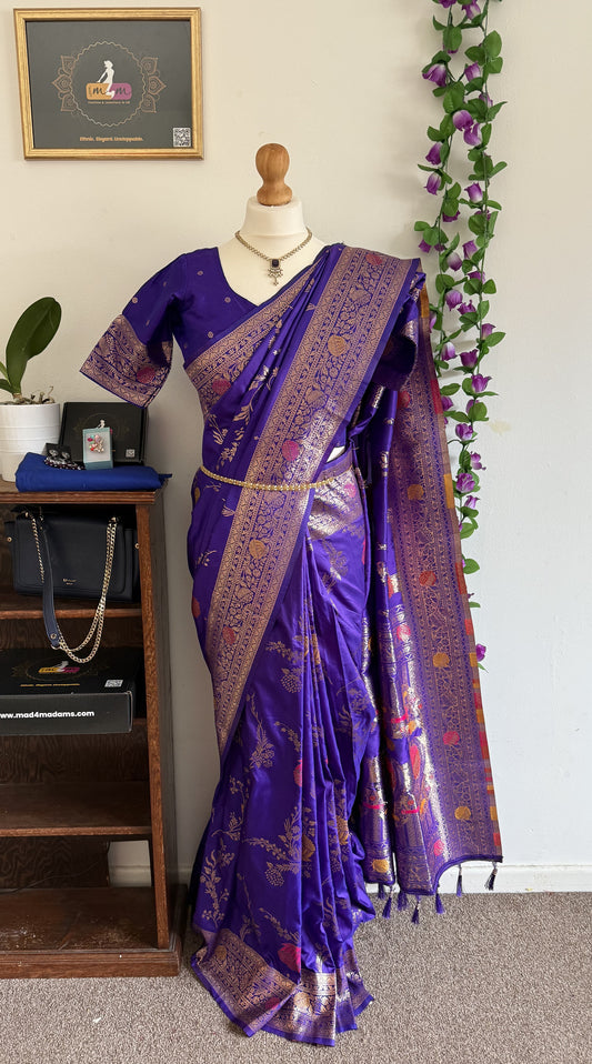 Floral Banarasi Silk Woven Saree with Stitched Blouse- Puple