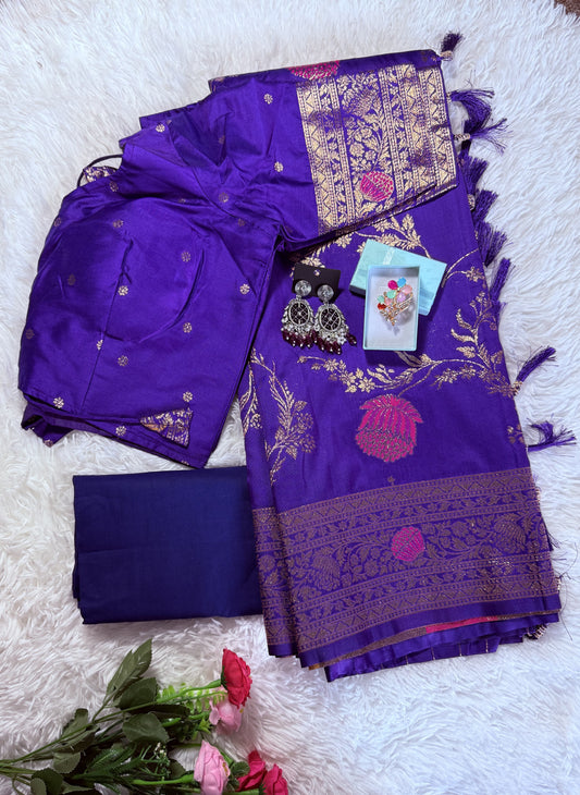 Floral Banarasi Silk Woven Saree with Stitched Blouse- Puple