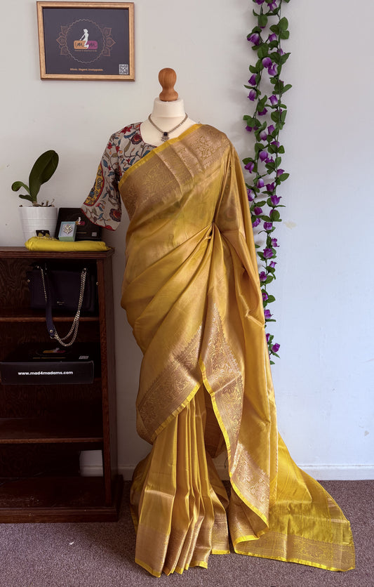 Gold Tissue Silk Saree with zari weaving with stitched blouse - Yellow