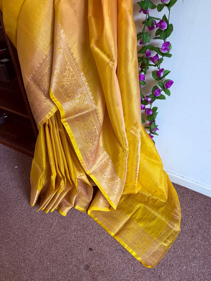 Gold Tissue Silk Saree with zari weaving with stitched blouse - Yellow