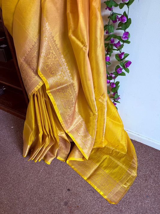 Gold Tissue Silk Saree with zari weaving with stitched blouse - Yellow