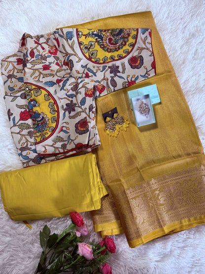 Gold Tissue Silk Saree with zari weaving with stitched blouse - Yellow