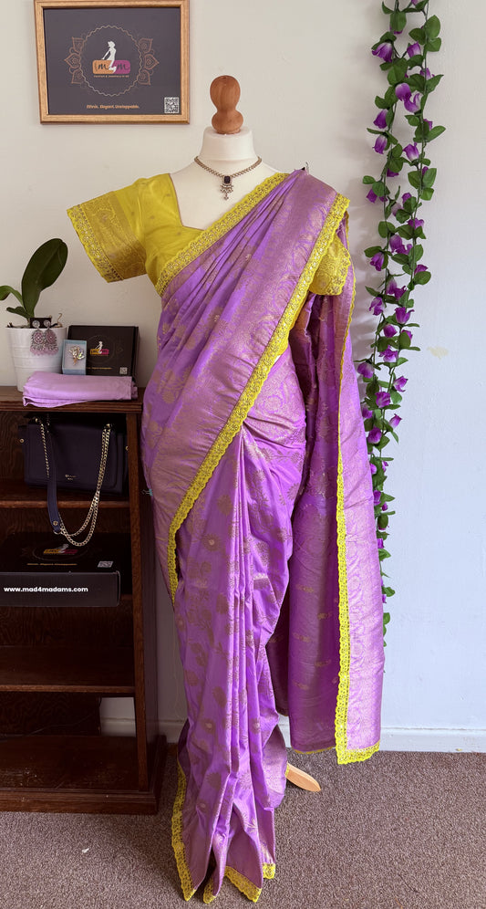 Banarasi Dola Silk Saree with Contrast Scallop Border with Stitched Blouse-Lavender & Yellow
