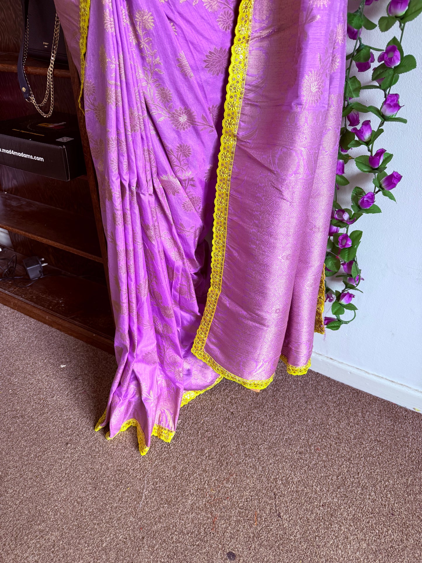 Banarasi Dola Silk Saree with Contrast Scallop Border with Stitched Blouse-Lavender & Yellow